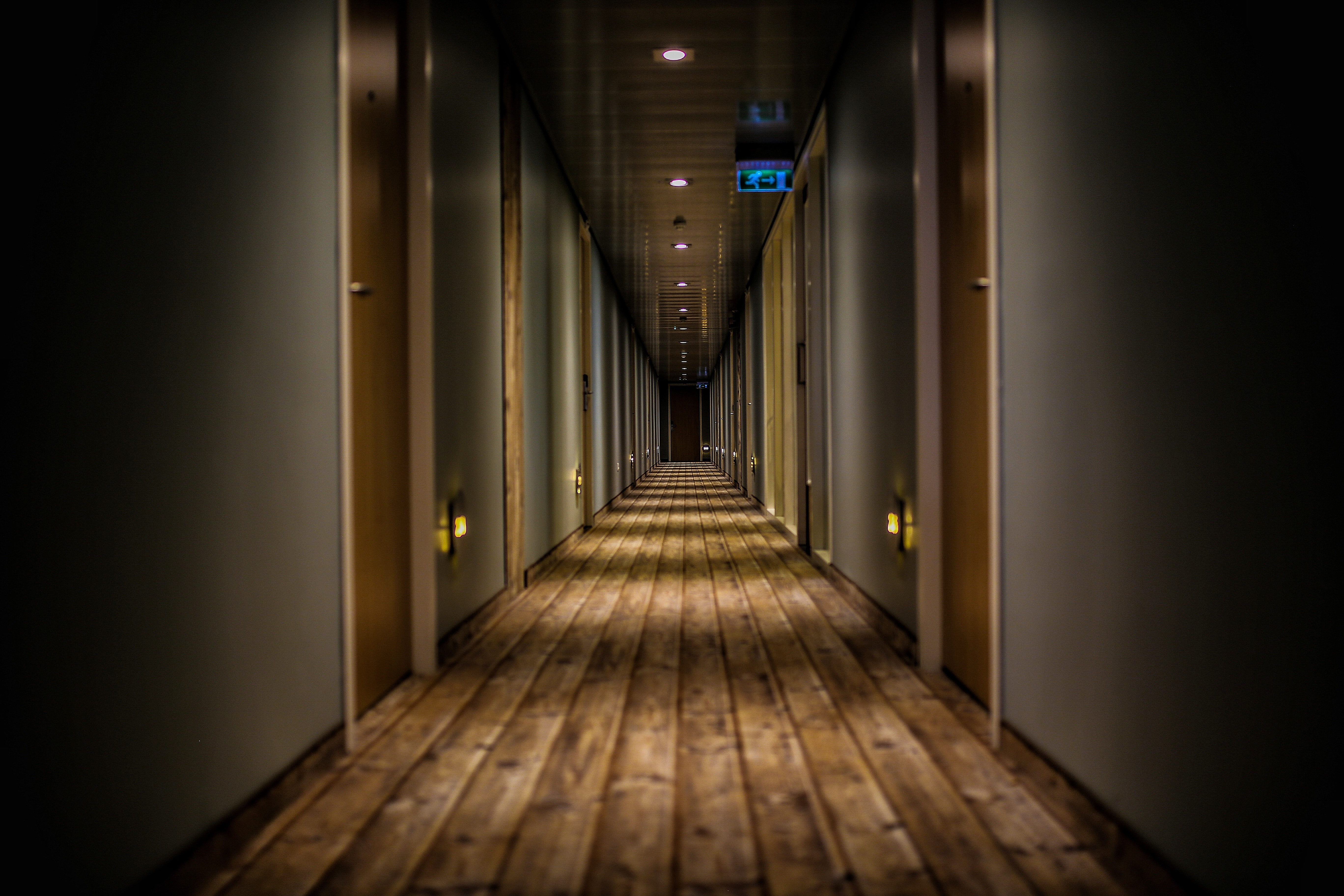 An eery hotel hallway