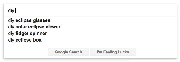 A picture of Google search suggestions, with "diy eclipse glasses" at the top.